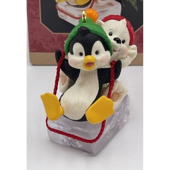 Hallmark Keepsake Ornament Sleddin Buddies Penguin & Bear Cub 1999 New Box - Picture 1 of 12